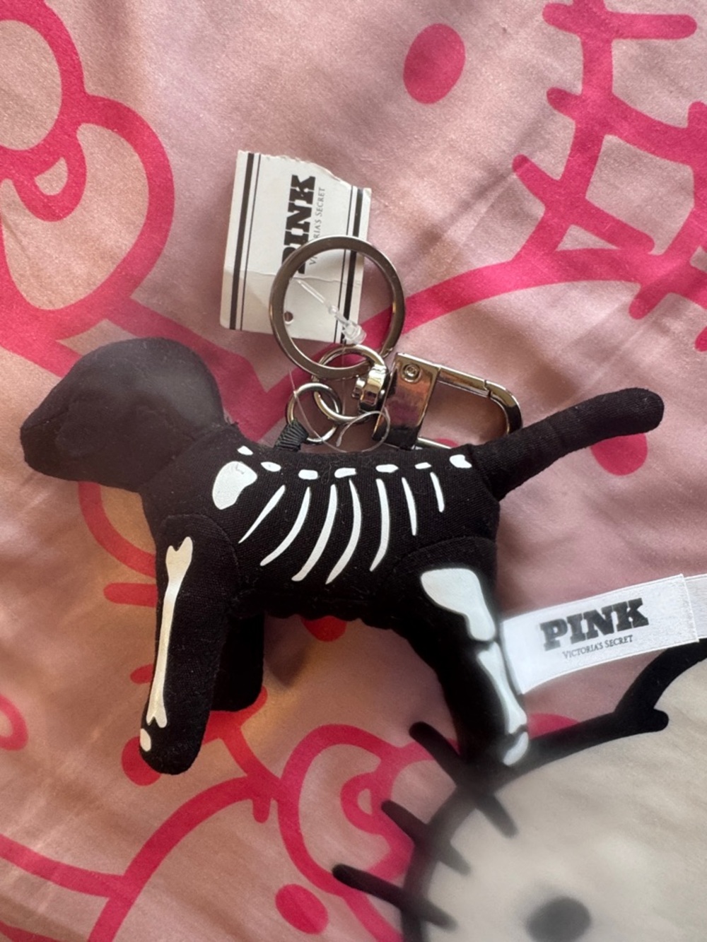 PINK Victoria's Secret Black Skeleton Dog Keychain Plush